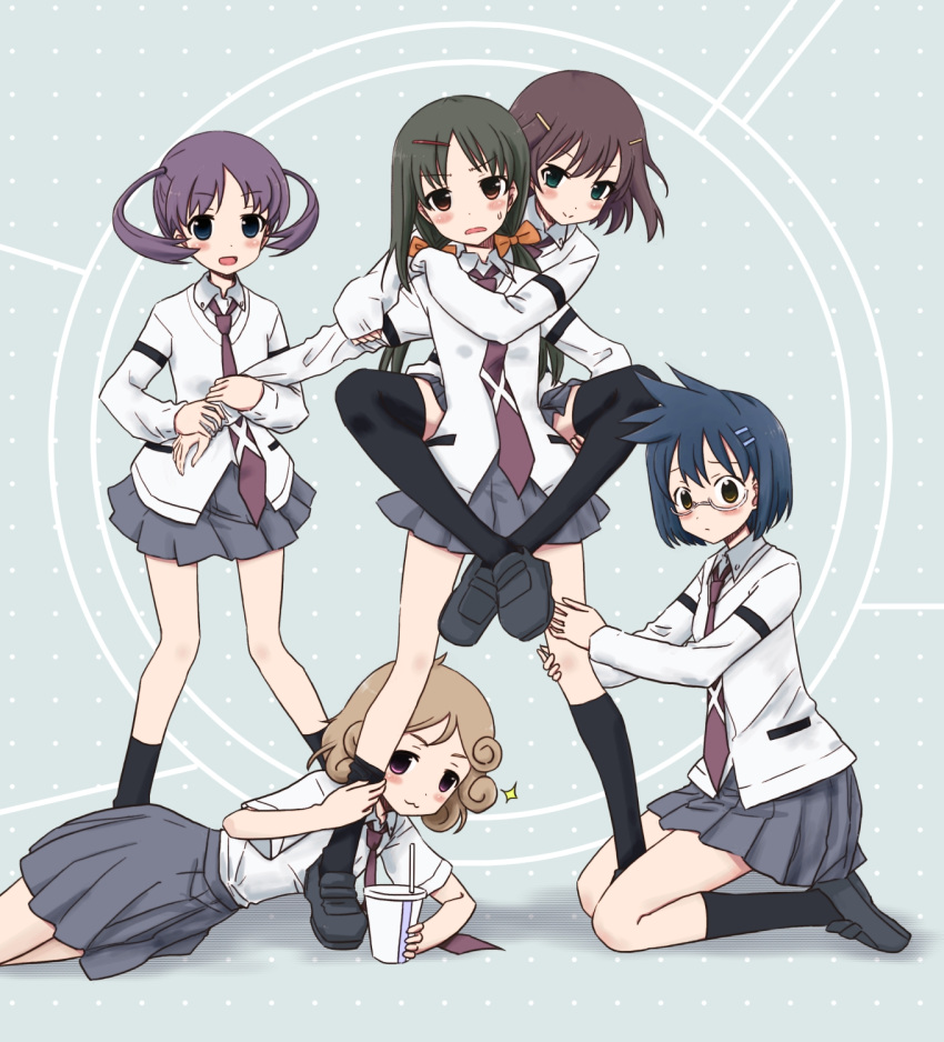 5girls :3 arm_grab black_legwear blonde_hair blue_eyes blue_hair blush brown_eyes brown_hair cardigan ezaki_hitomi glasses grabbing green_eyes green_hair hair_ornament hairclip hairpin hanada_kirame highres kneehighs kneeling leg_grab loafers long_hair long_sleeves looking_at_viewer lying miniskirt multiple_girls necktie on_side open_mouth piggyback pleated_skirt pose purple_hair rm_(pixfou) saki saki_achiga-hen school_uniform semi-rimless_glasses shirouzu_mairu shirt shoes short_hair short_sleeves short_twintails skirt smile socks soda_cup sparkle standing thigh-highs tsuruta_himeko twintails under-rim_glasses violet_eyes white_shirt yasukouchi_yoshiko