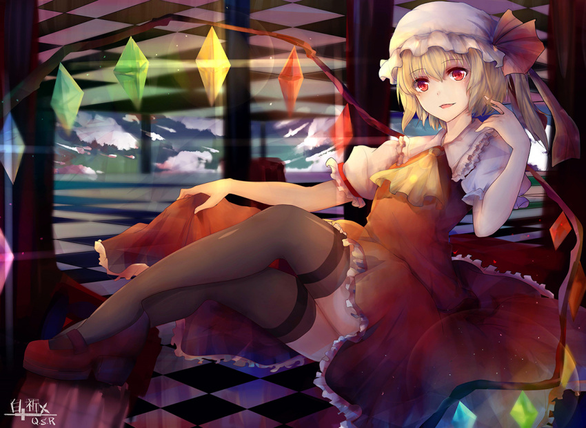 1girl artist_name ascot bai_qi-qsr bow checkered checkered_floor clouds flandre_scarlet floating frilled_collar frilled_skirt frills hair_twirling hat hat_bow looking_at_viewer mob_cap puffy_short_sleeves puffy_sleeves pumps red_eyes red_shoes red_skirt red_vest shoes short_hair short_sleeves side_ponytail skirt skirt_pull sky sleeveless smile solo sparkle thigh-highs thighs touhou wings