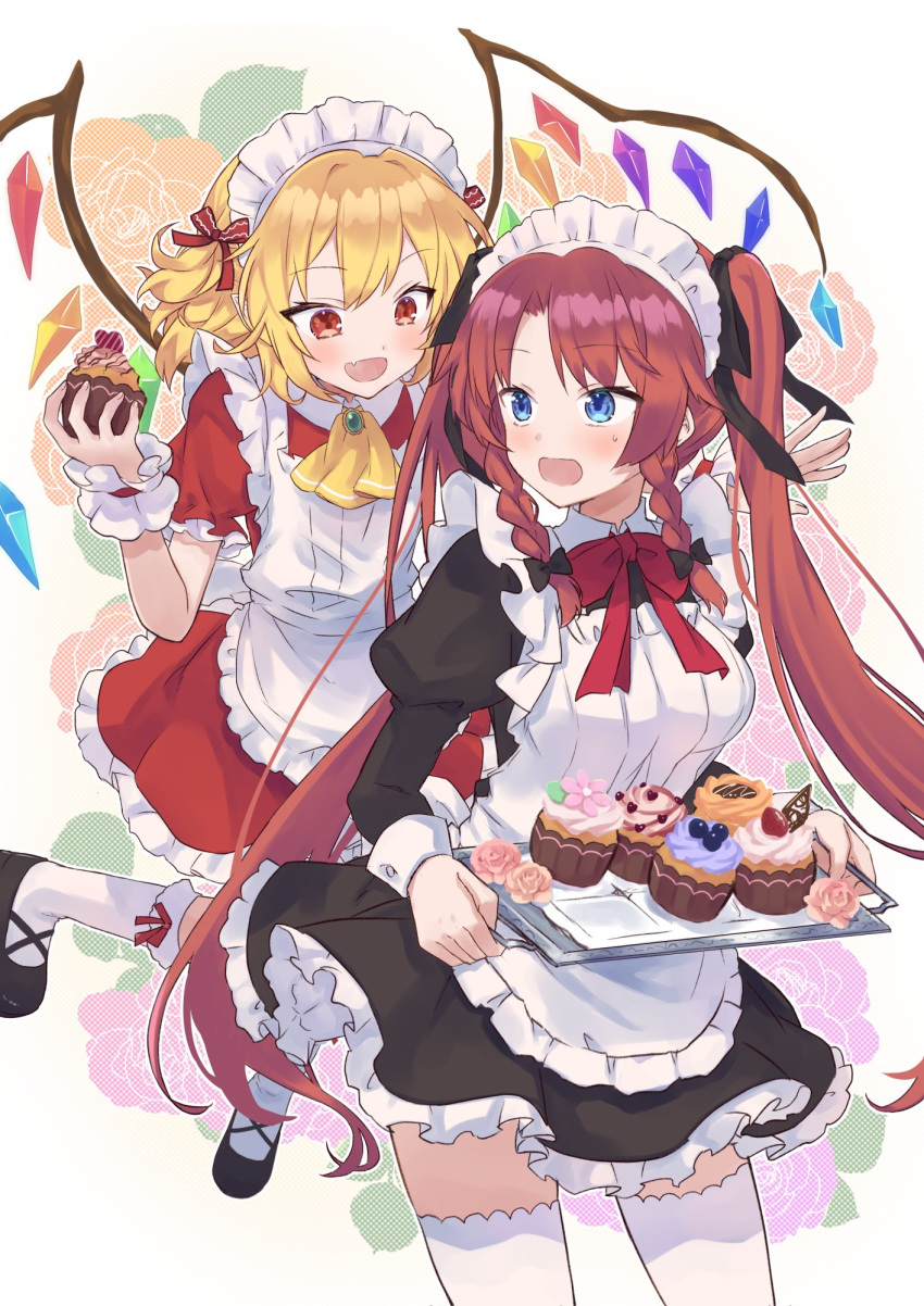 2girls adapted_costume ahase_hino alternate_costume alternate_hairstyle apron blonde_hair crystal enmaided flandre_scarlet food highres holding holding_food holding_tray hong_meiling maid maid_apron maid_headdress multiple_girls open_mouth red_eyes shoes thigh-highs touhou tray white_apron wings
