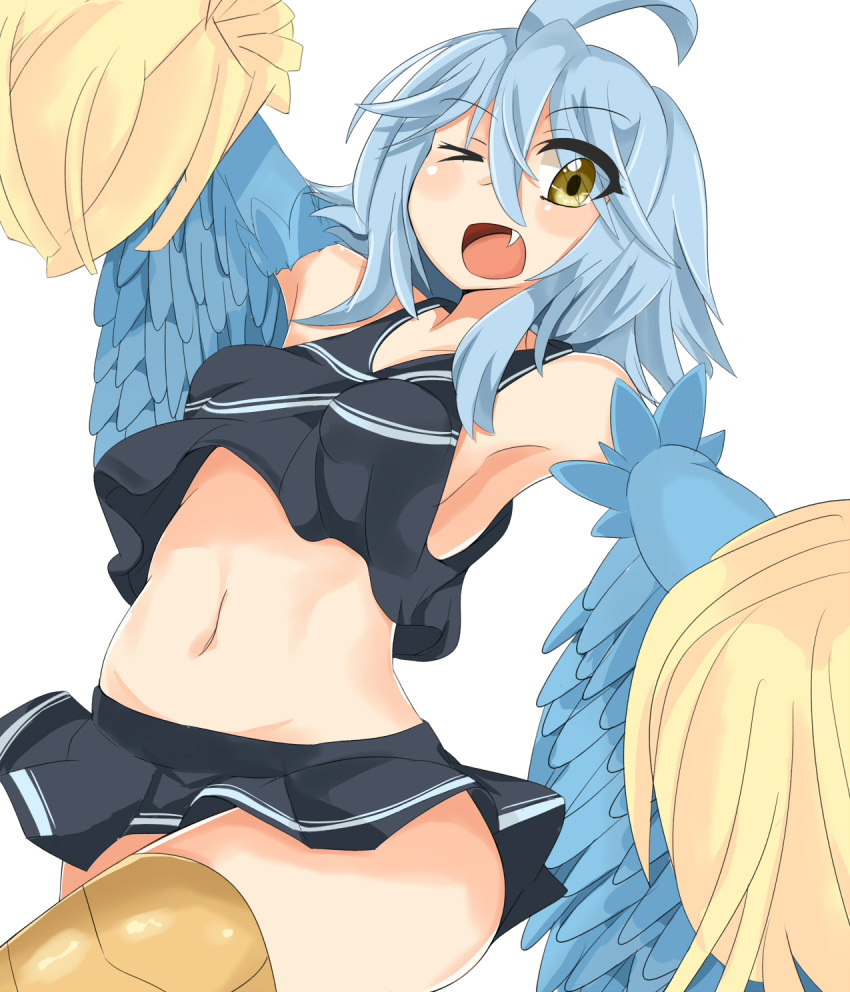 1girl ahoge armpits blue_hair blue_wings breasts cheerleader fang feathered_wings harpy highres karatakewari monster_girl monster_musume_no_iru_nichijou navel one_eye_closed open_mouth papi_(monster_musume) pom_poms simple_background skirt solo white_background wings yellow_eyes
