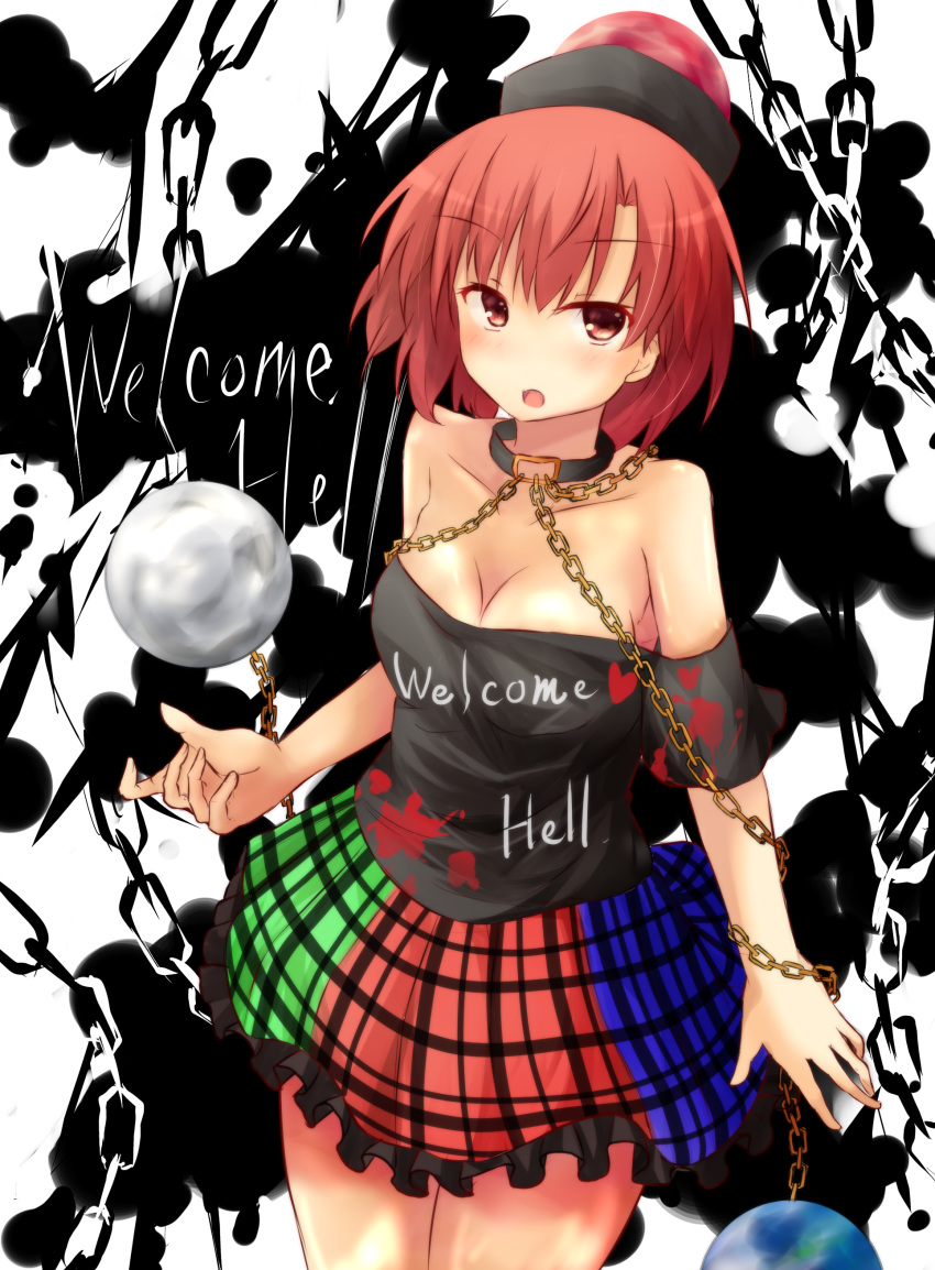 1girl absurdres artist_request bare_shoulders breasts chain cleavage clothes_writing earth_(ornament) hecatia_lapislazuli highres legacy_of_lunatic_kingdom looking_at_viewer moon_(ornament) red_eyes redhead shirt short_hair sketch solo touhou