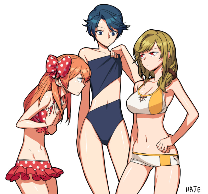 3girls artist_name bangs bare_shoulders bikini bikini_shorts bikini_skirt blue_eyes blue_hair blue_swimsuit bow breast_conscious breast_envy breasts brown_hair cleavage contrapposto flat_chest gekkan_shoujo_nozaki-kun hair_bow hair_over_shoulder haje hand_on_hip hands_on_own_chest height_difference kashima_yuu large_breasts leaning_forward long_hair multiple_girls navel one-piece_swimsuit orange_hair polka_dot polka_dot_bikini polka_dot_swimsuit red_bikini red_eyes sakura_chiyo scrunchie seo_yuzuki short_hair short_shorts shorts simple_background swept_bangs swimsuit swimsuit_tug tankini white_background