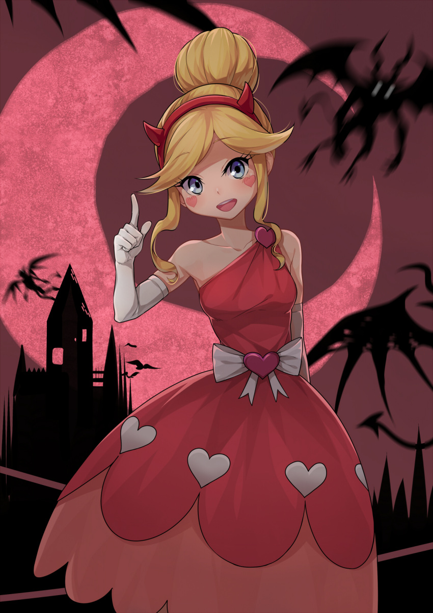 1girl :d bare_shoulders blonde_hair blue_eyes bow castle demon devil_horns dress elbow_gloves flying frostcyco gloves hair_bun hairband heart heart_cheeks highres index_finger_raised long_hair looking_at_viewer moon open_mouth pink_dress red_moon sidelocks smile solo solo_focus star_butterfly star_vs_the_forces_of_evil white_gloves