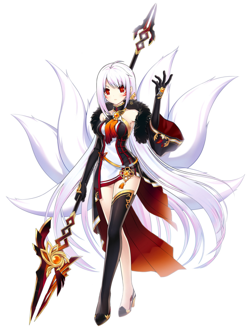 1girl albino ara_han ara_han_(celestial_fox) asymmetrical_clothes black_gloves black_legwear earrings elbow_gloves elsword expressionless feather_boa fox_tail gloves highres jewelry long_hair miniskirt multiple_tails official_art polearm red_eyes sando_(artist) shoes single_thighhigh skirt solo spear standing tail thigh-highs weapon white_hair yama_raja_(elsword)