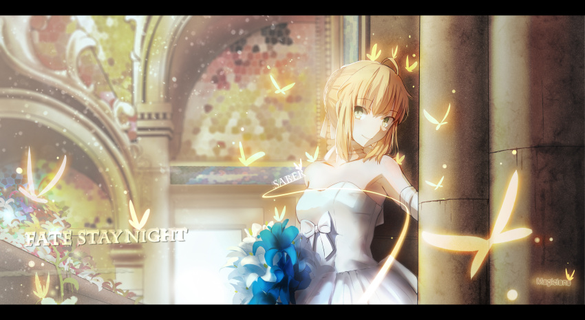 1girl ahoge blonde_hair dress fate/stay_night fate_(series) green_eyes highres magicians_(zhkahogigzkh) saber solo