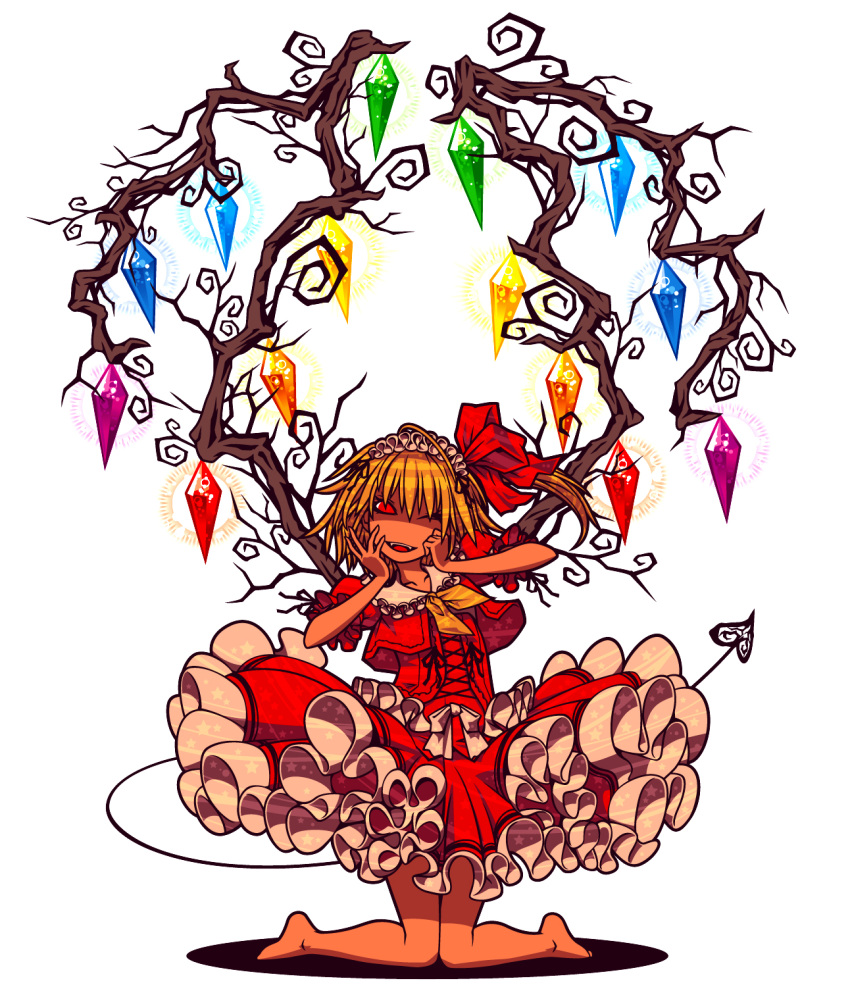 1girl ascot barefoot blonde_hair bow branch cherri_cherri evil_smile fangs flandre_scarlet frilled_skirt frills glowing hands_on_own_face hat highres kneeling laevatein looking_at_viewer one_eye_closed open_mouth red_eyes short_hair side_ponytail skirt smile solo star star-shaped_pupils symbol-shaped_pupils touhou wings