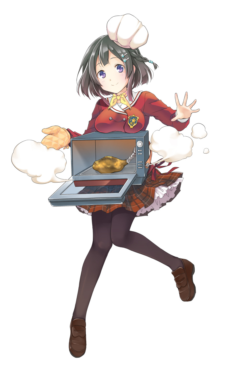 1girl absurdres black_hair breasts chef_hat hair_ornament hairclip hat highres kaden_shoujo knees_together_feet_apart mary_janes official_art oven_mitts personification school_uniform serafuku shoes smile steam thigh-highs toaster_oven violet_eyes