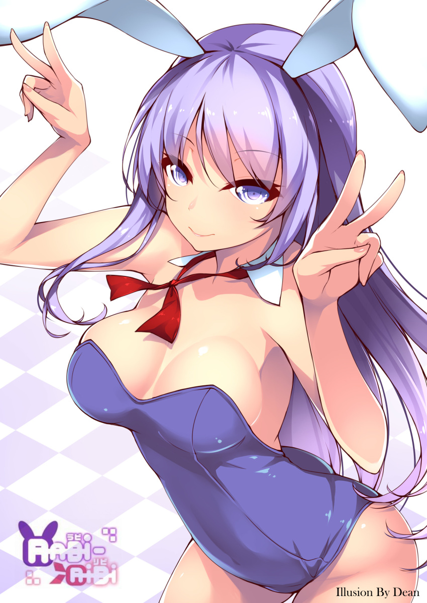 1girl absurdres animal_ears artist_name bare_arms bare_shoulders blue_eyes breasts checkered checkered_floor cleavage corset dean detached_collar double_v highres long_hair looking_at_viewer purple_hair rabbit_ears smile solo v