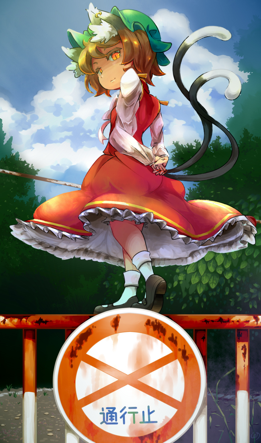 1girl animal_ears arms_behind_back blue_sky brown_hair cat_ears cat_tail chen clouds commentary_request dress hat highres jewelry long_sleeves looking_at_viewer mob_cap multiple_tails nekomata pmx red_dress road_sign shirt sign single_earring sky slit_pupils solo tail touhou walking_on_fence