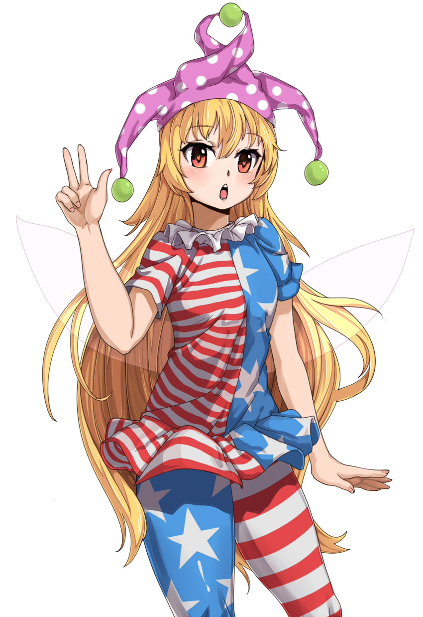 ! 1girl american_flag_legwear american_flag_shirt bangs blonde_hair blush chestnut_mouth clownpiece fairy_wings fingernails fingers flat_chest hat heart heart-shaped_pupils highres jester_cap light long_hair open_mouth pantyhose red_eyes short_sleeves simple_background solo symbol-shaped_pupils thighs touhou very_long_hair white_background wings zhayoulu