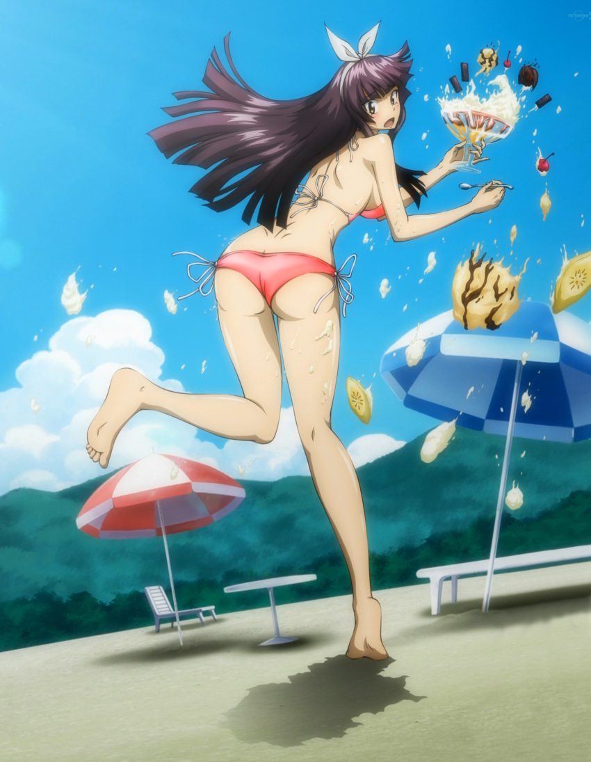 1girl beach bikini fairytail ice_cream kagura_mikazuchi long_hair looking_back purple_hair tagme