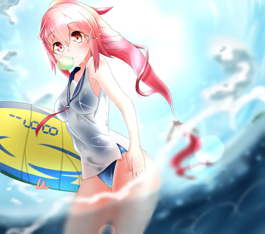1girl blurry boruhis bubblegum depth_of_field hair_ornament highres i-168_(kantai_collection) in_water kantai_collection long_hair looking_at_viewer ponytail red_eyes redhead school_swimsuit school_uniform serafuku solo swimsuit swimsuit_under_clothes wet wet_clothes