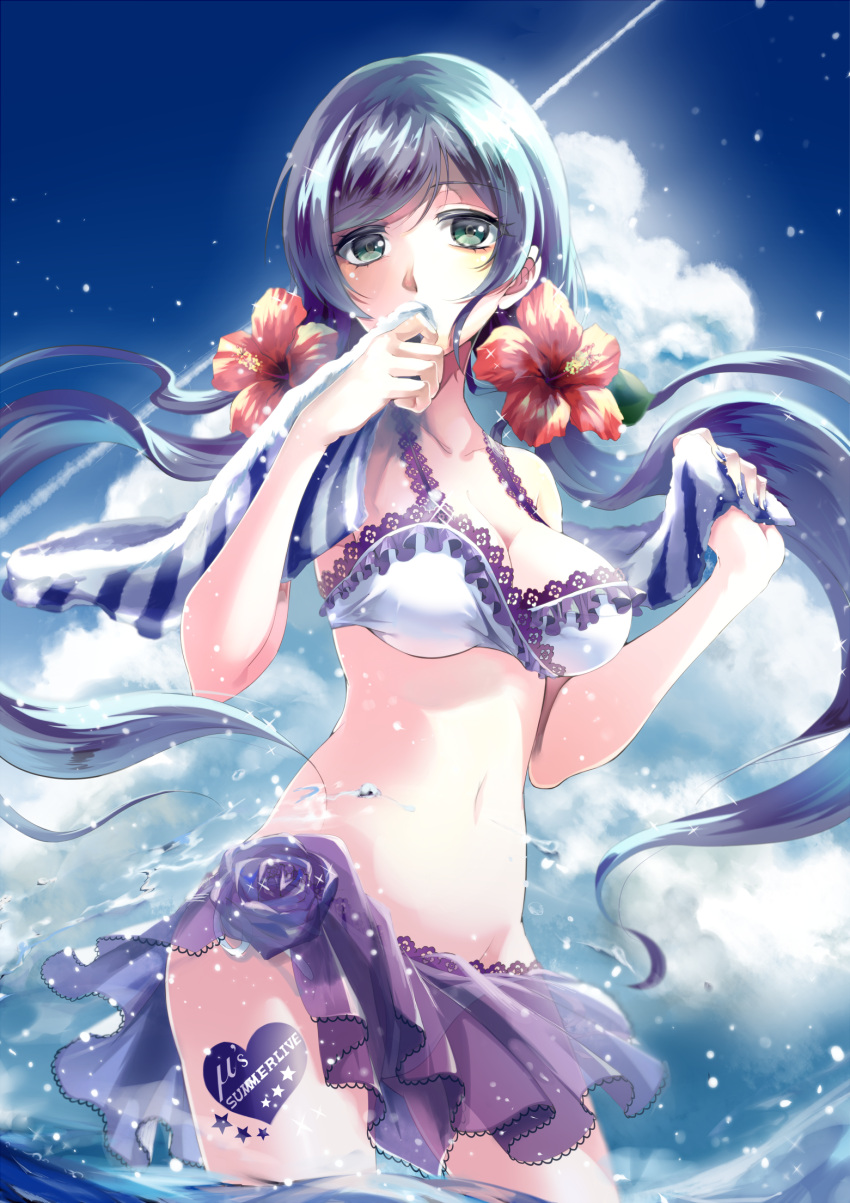 1girl bikini breasts flower green_eyes hair_flower hair_ornament highres long_hair looking_at_viewer love_live!_school_idol_project purple_hair solo swimsuit toujou_nozomi twintails wading yache