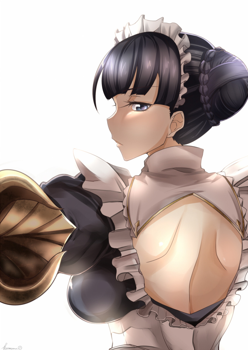 1girl back_opening black_hair blue_eyes breasts claudia_(granblue_fantasy) closed_mouth frills from_behind granblue_fantasy hair_bun highres kurosawa-san looking_at_viewer looking_back maid_headdress outstretched_arms simple_background white_background