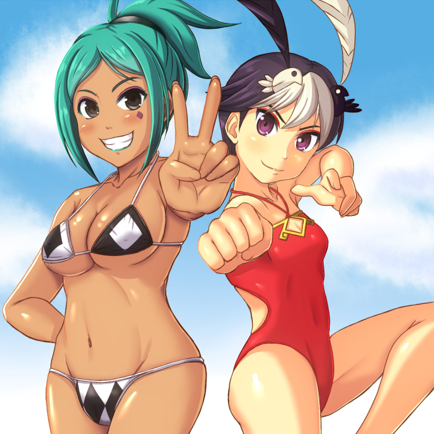 2girls animal_on_head aqua_hair aqua_lipstick back-to-back bikini bird bird_on_head black_hair blush breasts cerebella_(skullgirls) cleavage_cutout dark_skin eyeshadow feng_(skullgirls) fighting_stance groin hand_on_hip highres jouzou large_breasts lipstick looking_at_viewer makeup multicolored_hair multiple_girls navel one-piece_swimsuit red_swimsuit short_ponytail skullgirls small_breasts standing_on_one_leg strap_gap swimsuit two-tone_hair under_boob v violet_eyes white_hair