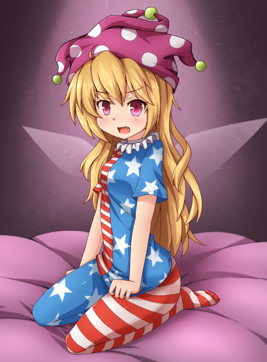 1girl american_flag_legwear american_flag_shirt bent_knees blonde_hair blush clownpiece fang hat highres jester_cap kaiyi legacy_of_lunatic_kingdom looking_at_viewer mismatched_legwear open_mouth pantyhose red_eyes shirt_pull solo touhou wings