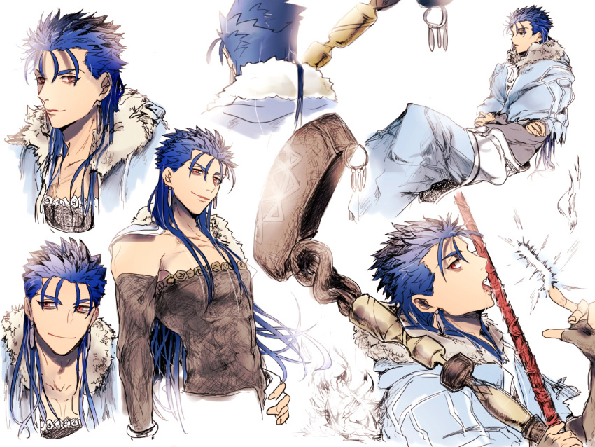 blue_hair cape cu_chulainn_(fate/grand_order) fate/grand_order fate_(series) gae_bolg lancer polearm spear staff weapon yuu_(guruko)