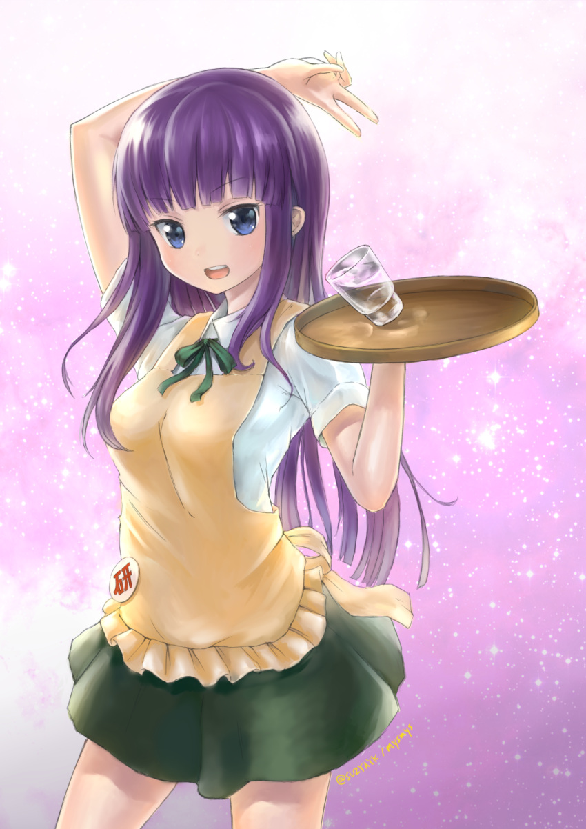 1girl apron blue_eyes glass highres long_hair mysmys purple_hair standing tray waitress working!! yamada_aoi