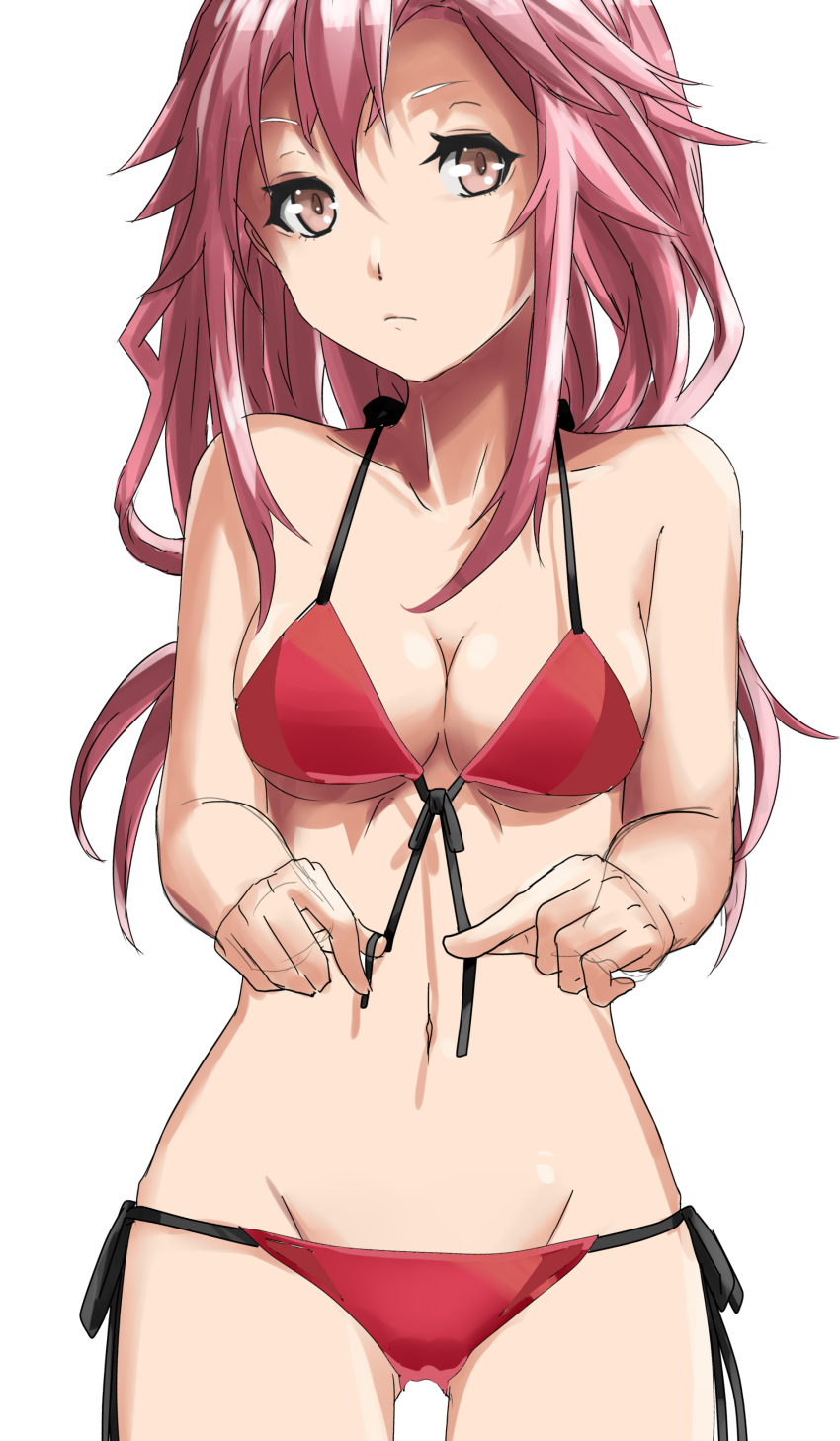 1girl absurdres bikini breasts chikkinage_nage cleavage front-tie_top guilty_crown hair_ornament hairclip highres large_breasts long_hair looking_at_viewer midriff navel pink_eyes pink_hair solo swimsuit twintails yuzuriha_inori