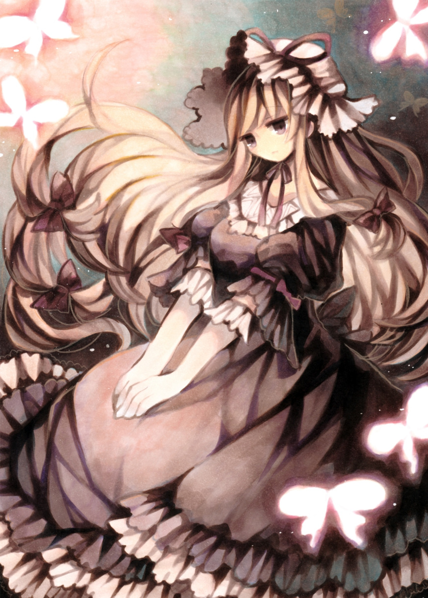 1girl armband bangs blonde_hair bow breasts butterfly choker dress expressionless frilled_dress frills hair_bow hands_on_lap hat hat_ribbon highres light_particles long_hair looking_at_viewer mob_cap muted_color puffy_short_sleeves puffy_sleeves purple_dress ribbon ribbon_choker short_sleeves sitting solo touhou very_long_hair violet_eyes wiriam07 yakumo_yukari