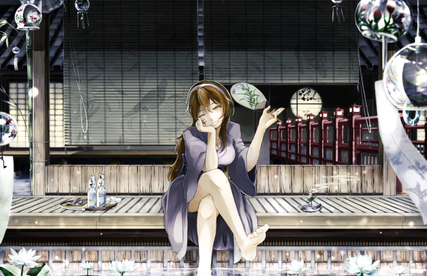 1girl ashigara_(kantai_collection) bare_legs barefoot bottle brown_eyes brown_hair chin_rest fan feet_in_water flower food fruit grin hairband japanese_clothes kantai_collection kimono long_hair looking_at_viewer lotus paper_fan ramune sitting smile soaking_feet solo to6_l tray uchiwa water watermelon wind_chime yukata