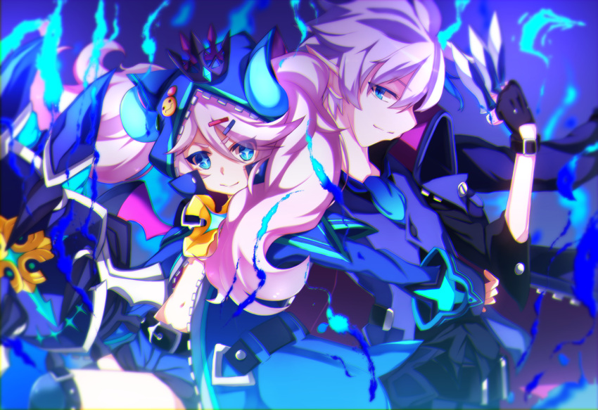 1boy 1girl belt between_fingers blue blue_background blue_eyes blue_shirt brooch chiliarch_(elsword) ciel_(elsword) claws coat cravat dagger dreadlord_(elsword) elsword hood horns jacket_on_shoulders jewelry long_hair luciela_r._sourcream multicolored_hair navel pink_hair pointy_ears shirt shorts smile symbol-shaped_pupils twintails weapon white_hair yamai_fake