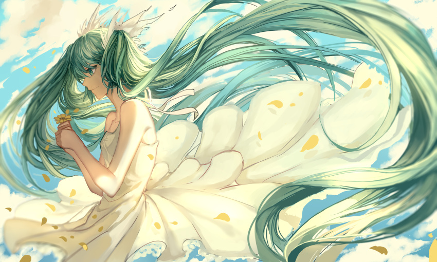 1girl absurdly_long_hair floating_hair flower from_side green_eyes green_hair hatsune_miku highres long_hair solo twintails very_long_hair vocaloid