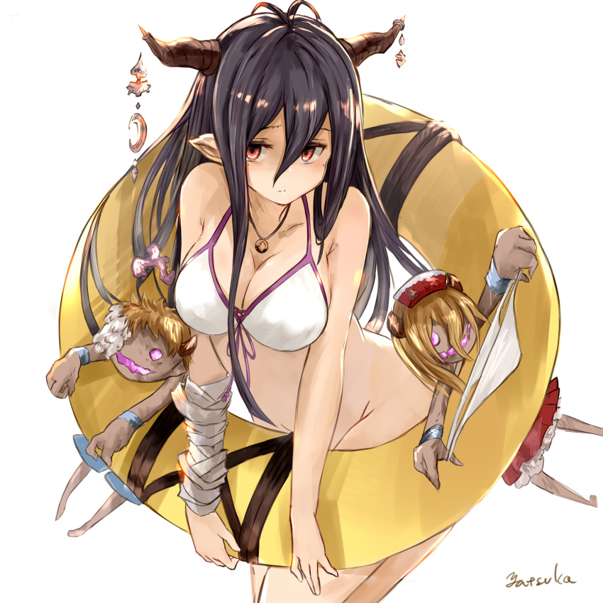 1girl absurdres antenna_hair bandages bikini bikini_bottom_removed black_hair blush bottomless breasts cleavage danua front-tie_top granblue_fantasy hair_between_eyes highres horn_ornament horns innertube jewelry large_breasts long_hair looking_at_viewer necklace pointy_ears red_eyes simple_background solo stuffed_toy swimsuit white_background white_bikini white_swimsuit yatsuka_(846)
