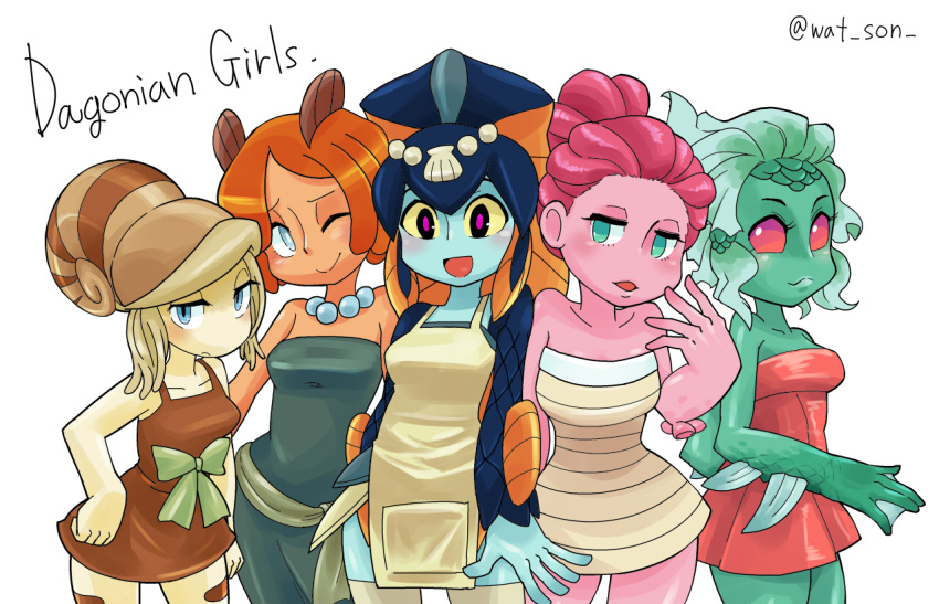 5girls ;) apron black_dress blue_skin blush brown_dress character_request conch dress fish_girl forehead green_hair green_skin hair_between_eyes hair_ornament head_fins jewelry minette_(skullgirls) monster_girl multiple_girls necklace no_pupils npc one_eye_closed orange_hair orange_skin pearl_necklace pink_eyes pink_hair pink_skin ponytail red_dress shell silver_hair skullgirls small_breasts smile strapless_dress striped striped_dress thigh-highs watson webbed_hands yellow_sclera