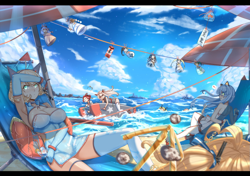 ! 12cat 3girls beach beach_umbrella blonde_hair blue_eyes blue_hair blue_sky breasts chain chair china_dress chinese_clothes clouds detached_sleeves folding_chair glass green_eyes large_breasts mecha_musume multiple_girls ocean original personification redhead single_thighhigh sky spoken_exclamation_mark sunglasses_removed thigh-highs thigh_strap uss_colorado_(bb-45) uss_maryland_(bb-46) uss_west_virgina_(bb-48) zhan_jian_shao_nyu