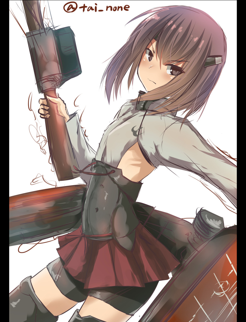 &gt;:| 1girl absurdres bike_shorts bow_(weapon) brown_eyes brown_hair crossbow flat_chest headband headgear highres kantai_collection looking_at_viewer looking_to_the_side mecha_musume pleated_skirt short_hair simple_background sketch skirt solo tai_(nazutai) taihou_(kantai_collection) twitter_username weapon white_background