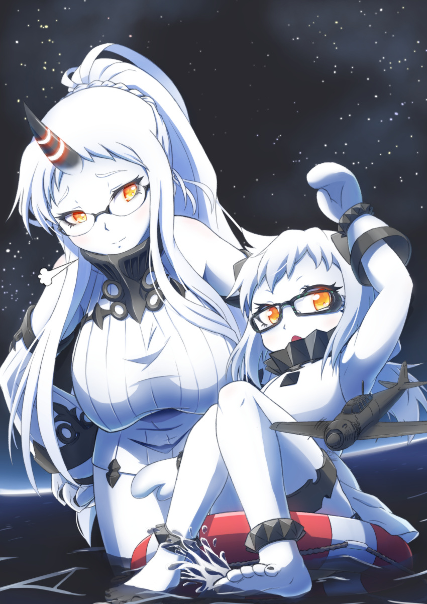 2girls absurdres ahoge barefoot breasts claws detached_sleeves dress glasses highres horn horns kantai_collection long_hair mittens multiple_girls northern_ocean_hime pale_skin ponytail red_eyes ribbed_dress seaport_hime shinkaisei-kan white_dress white_hair white_skin