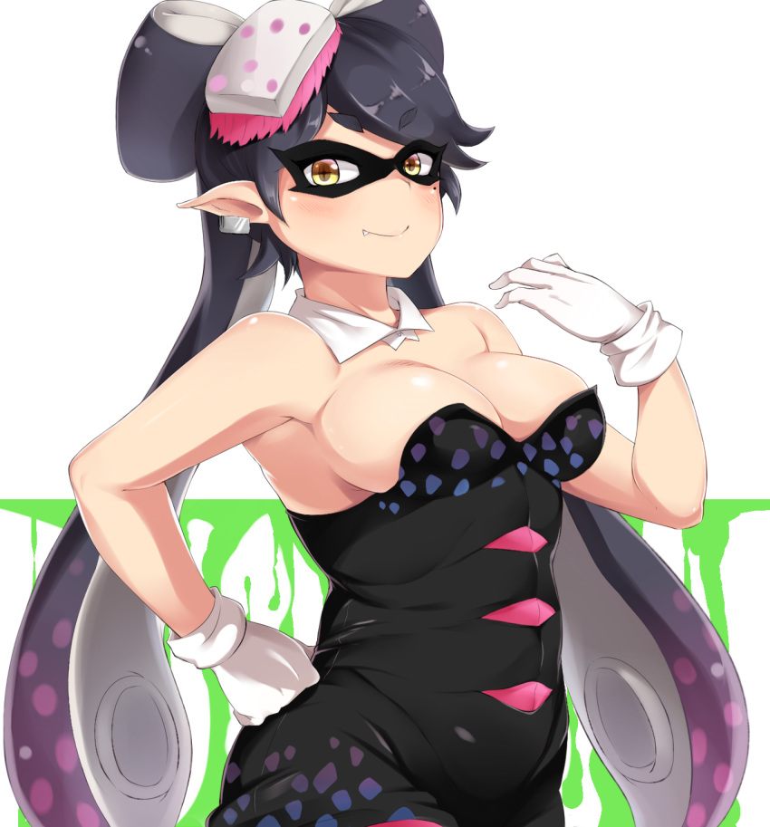 1girl aori_(splatoon) black_hair breasts cleavage detached_collar earrings fang food food_on_head gloves hand_on_hip highres jewelry long_hair mask moisture_(chichi) mole mole_under_eye object_on_head pointy_ears short_hair simple_background smile solo splatoon tentacle_hair white_background