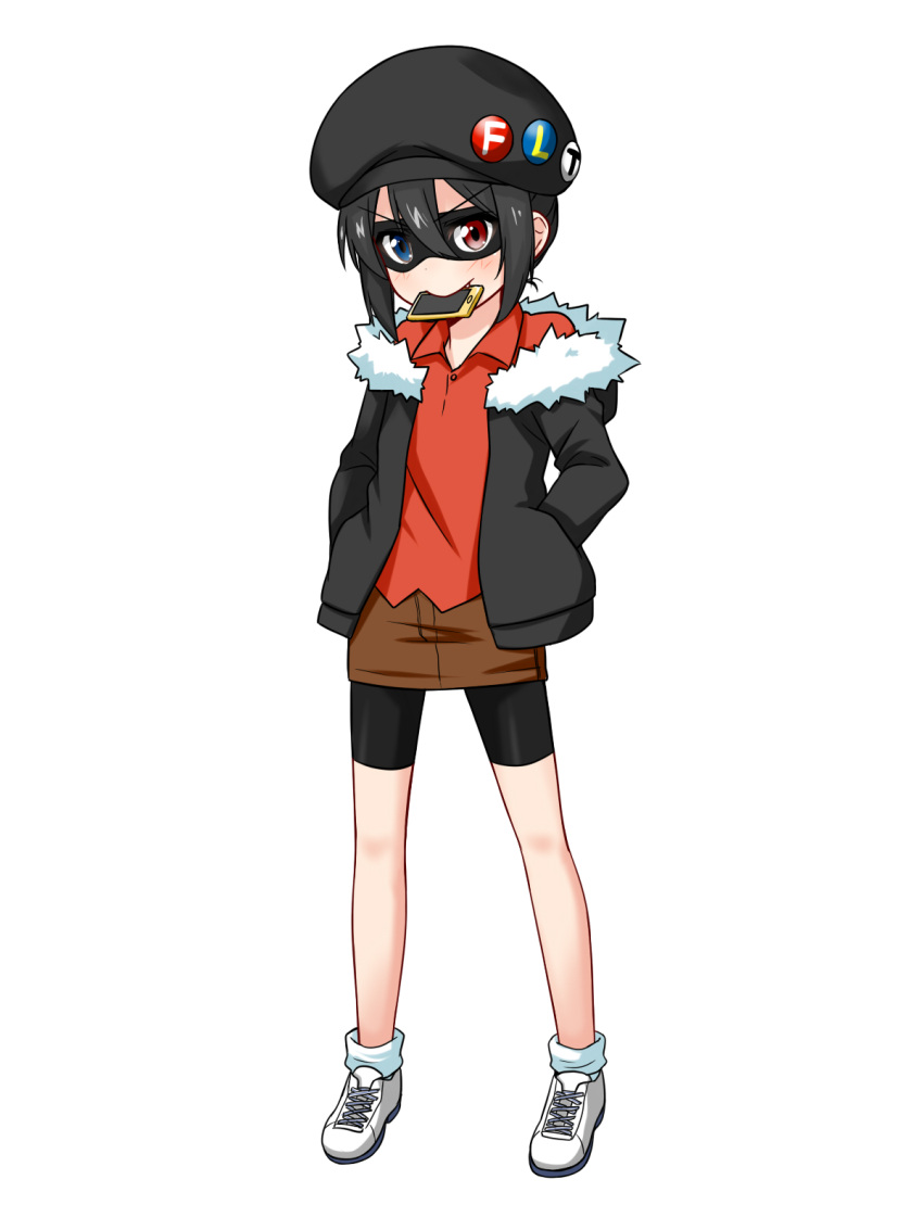 ankle_socks bellezza_felutia beret bike_shorts black_hair blue_eyes button cell_phone cosplay crossover felutiahime hair_between_eyes hands_in_pockets heterochromia highres himouto!_umaru-chan looking_at_viewer miniskirt mouth_hold otoko_no_ko parka parody red_eyes smart_phone umr white_shoes