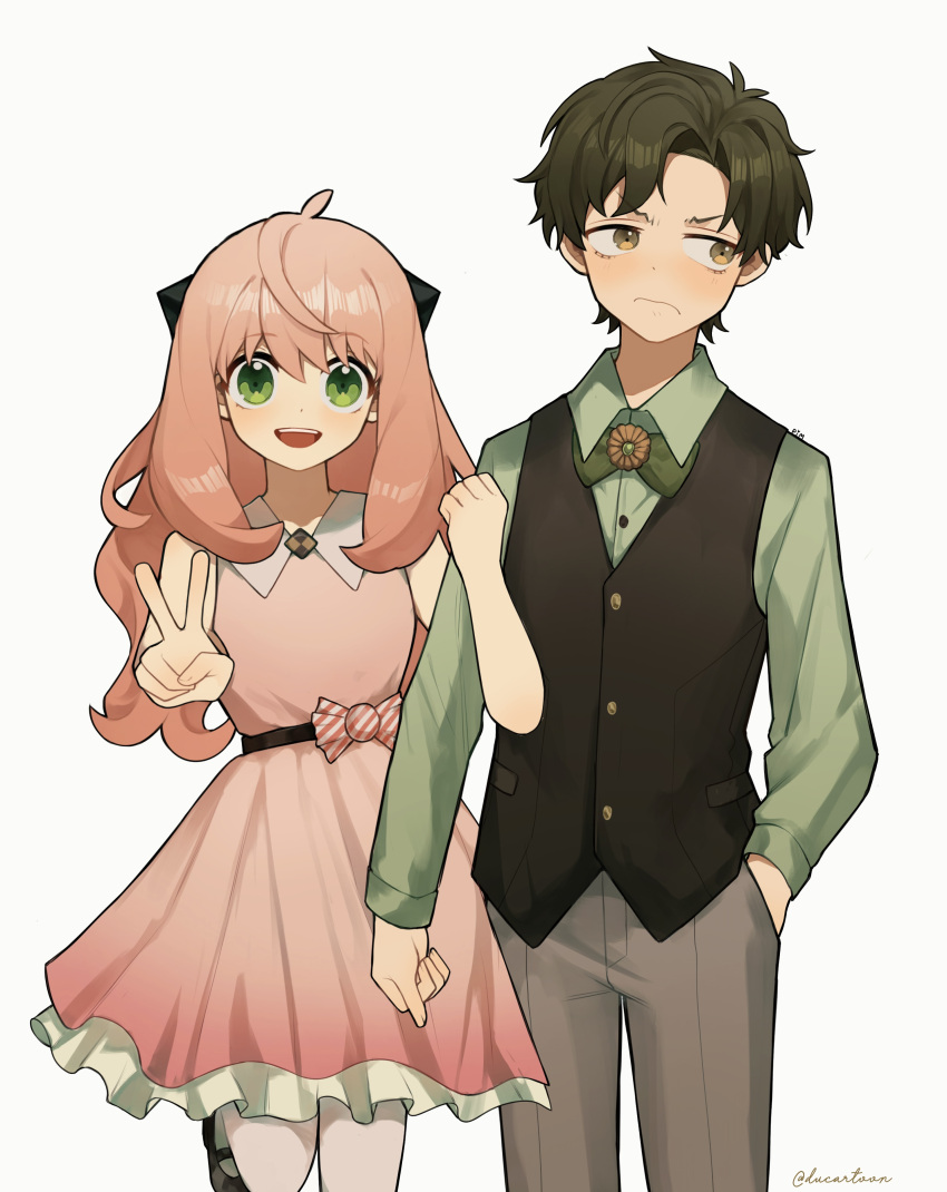 1boy 1girl absurdres aged_up anya_(spy_x_family) black_vest bow bowtie damian_desmond dress ducartoon green_eyes green_shirt grey_pants hairpods highres long_sleeves open_mouth pants pink_dress pink_hair shirt short_hair smile spy_x_family v vest yellow_eyes