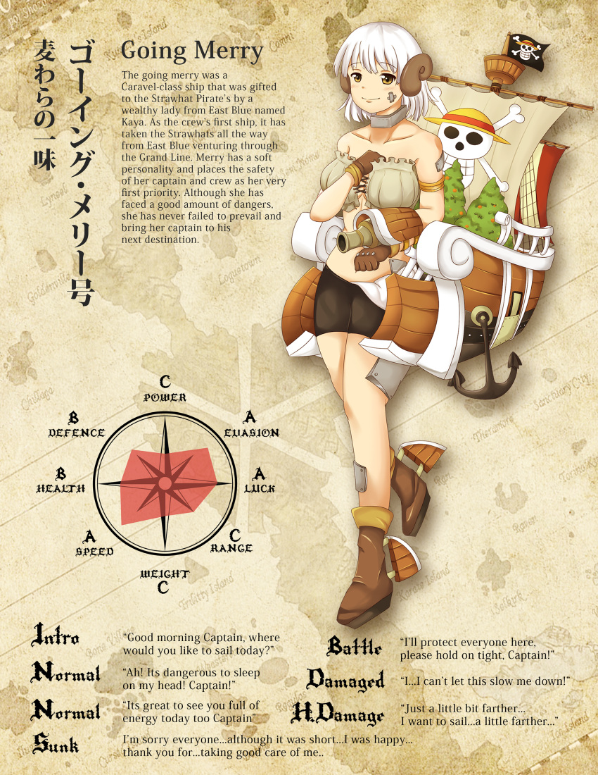 1girl absurdres breasts brown_eyes character_profile cleavage going_merry highres horns kantai_collection looking_at_viewer machinery one_piece original sheep_horns smile solo turret wangphing white_hair