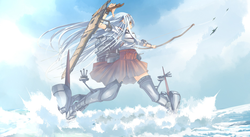 1girl airplane asobinikitahito boots bow_(weapon) flight_deck from_below gloves hairband hakama_skirt highres kantai_collection long_hair muneate shoukaku_(kantai_collection) sky solo surf tagme thigh-highs thigh_boots weapon white_hair