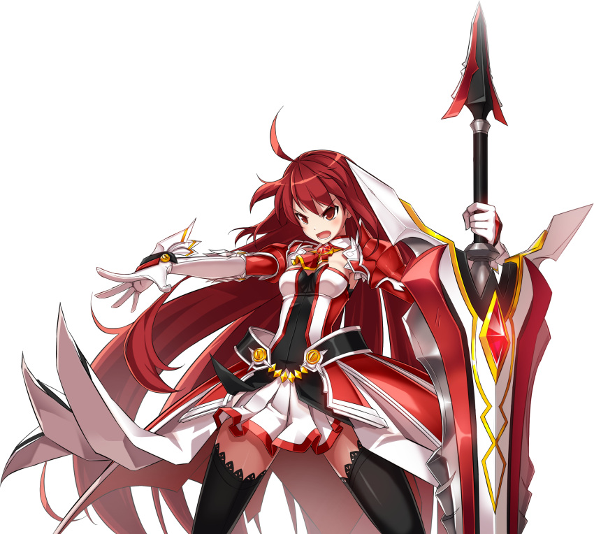 1girl ahoge angry armor armored_dress black_legwear blush elbow_gloves elesis_(elsword) elsword gloves grand_master_(elsword) highres huge_weapon long_hair necktie official_art open_mouth pantyhose red_eyes redhead ress skirt solo sword thigh-highs very_long_hair weapon white_gloves white_skirt