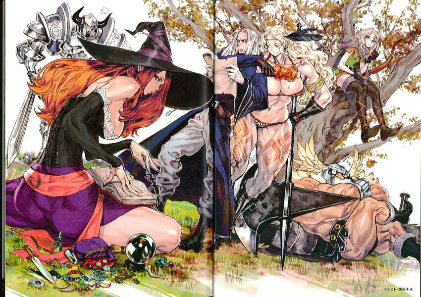3boys 3girls amazon_(dragon's_crown) armor blonde_hair boots breasts brown_hair dragon's_crown dwarf_(dragon's_crown) elf_(dragon's_crown) fighter_(dragon's_crown) gloves hat highres large_breasts long_hair multiple_boys multiple_girls muscle sorceress_(dragon's_crown) weapon wizard_(dragon's_crown)
