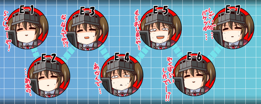 1girl ^_^ braid brown_hair closed_eyes dress_shirt kantai_collection magatama nishi_koutarou open_mouth ryuujou_(kantai_collection) shaded_face shirt smile solo tears translation_request triangle_mouth twin_braids upper_body visor_cap