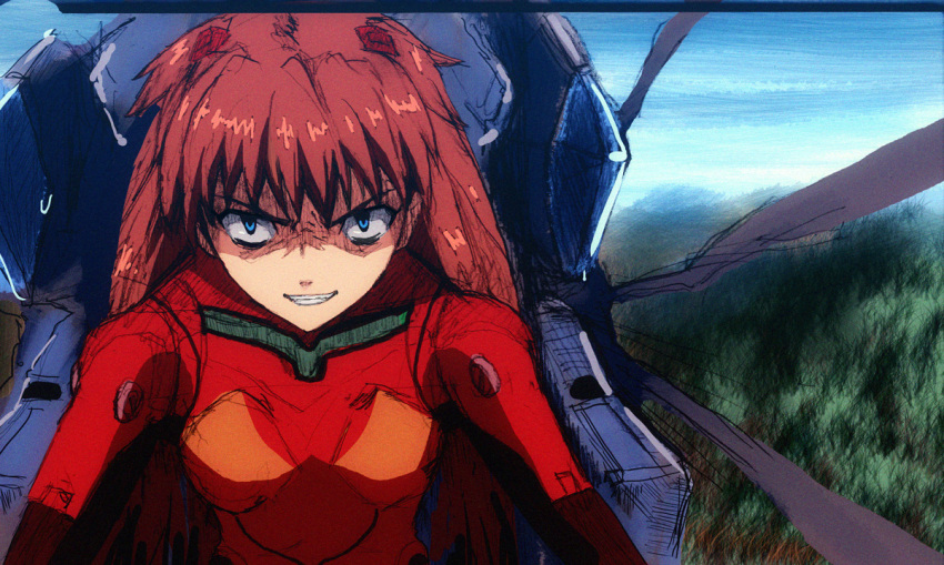 1girl blue_eyes breasts brown_hair cockpit crazy_grin forest grin nature neon_genesis_evangelion plugsuit sky smile souryuu_asuka_langley tagme tree