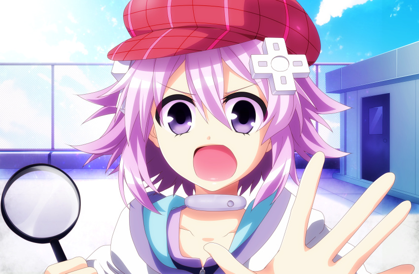 absurdres cabbie_hat choujigen_game_neptune d-pad hair_ornament hat highres looking_at_viewer magnifying_glass neptune_(choujigen_game_neptune) neptune_(series) open_mouth planeptune purple_hair short_hair