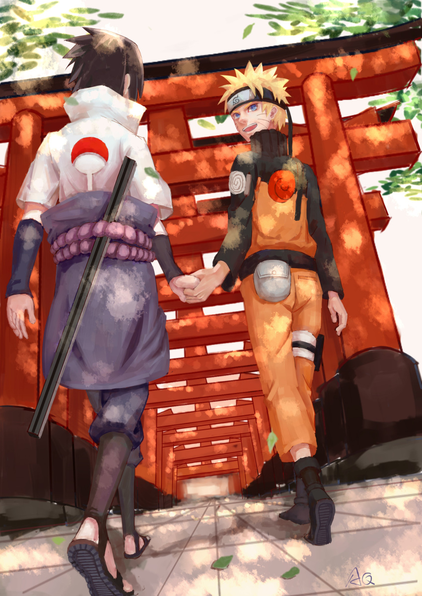 absurdres aqie architecture black_hair blonde_hair blue_eyes dutch_angle east_asian_architecture facial_mark forehead_protector from_behind from_below headband highres holding_hands leaf naruto naruto_shippuuden pouch shade turtleneck uchiha_sasuke uzumaki_naruto walking