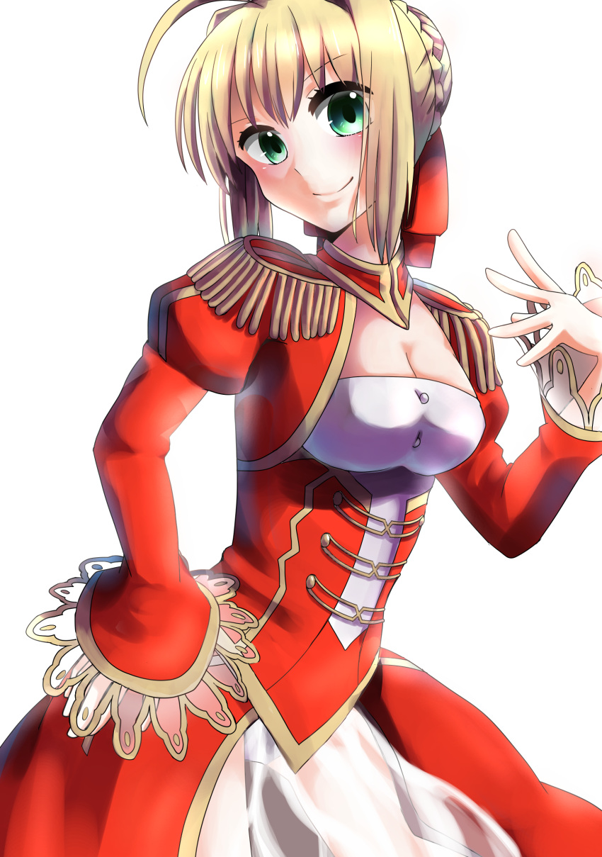 1girl absurdres ahoge blonde_hair breasts dress epaulettes fate/extra fate_(series) green_eyes highres ichiren_namiro red_dress saber_extra solo