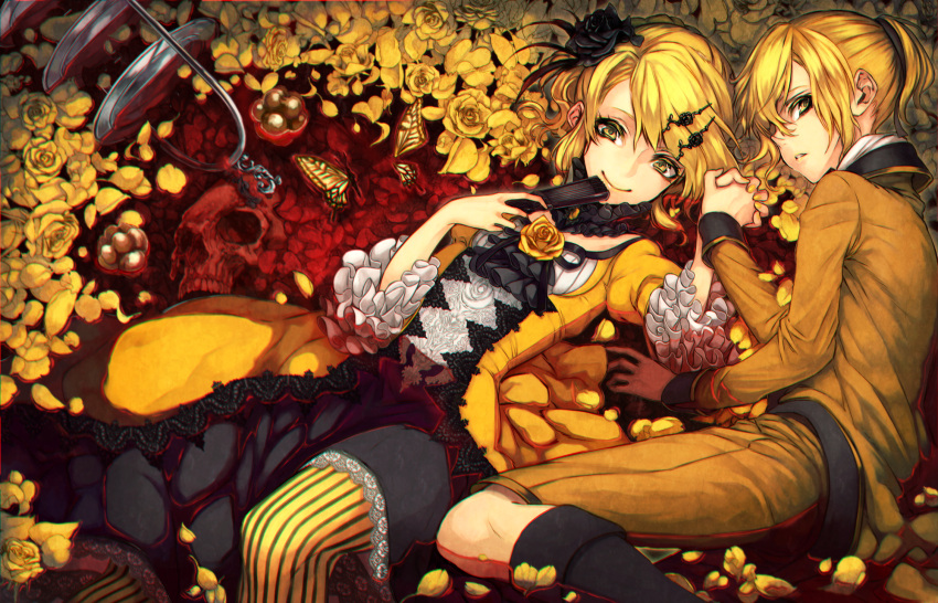 1boy 1girl aku_no_meshitsukai_(vocaloid) aku_no_musume_(vocaloid) blonde_hair blood brother_and_sister butterfly dearrose dress fan flower folding_fan hair_flower hair_ornament hairclip highres holding_hands kagamine_len kagamine_rin looking_at_viewer pantyhose partially_submerged ponytail rose short_hair siblings skull striped striped_legwear twins vocaloid yellow_eyes yellow_rose