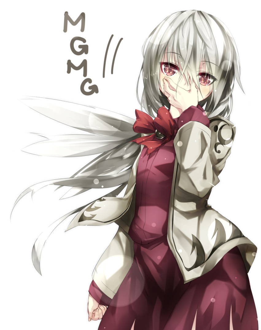 1girl bow dress gorilla_(bun0615) hand_on_own_face highres jacket kishin_sagume long_sleeves looking_at_viewer open_clothes open_jacket pink_eyes purple_dress silver_hair single_wing solo touhou wings