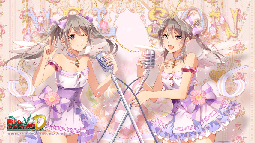 2girls bare_shoulders bow choker copyright_name corset cowboy_shot dress edy_nelson flower frills grey_eyes grey_hair hair_ribbon highres jewelry licorice_nelson long_hair microphone_stand multiple_girls murakami_yuichi musical_note necklace one_eye_closed open_mouth ponytail ribbon senjou_no_valkyria siblings sisters smile treble_clef twintails v watermark