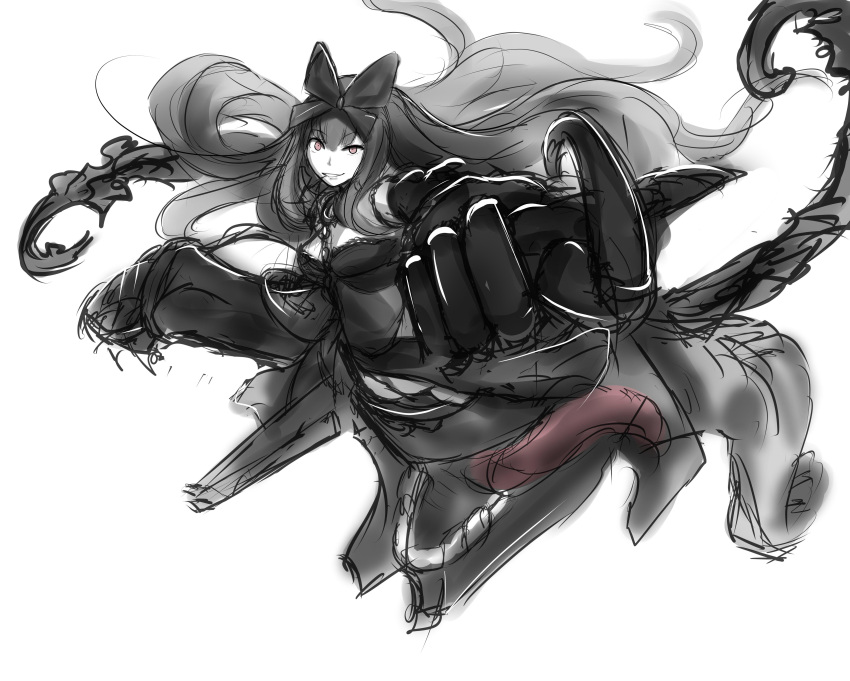 1girl absurdres black_bow black_dress black_hair bow chain choker claws dress ebi_(il14021) foreshortening gothic_lolita grin hair_bow highres kantai_collection lolita_fashion long_hair looking_at_viewer pink_eyes seaplane_tender_hime shinkaisei-kan simple_background sketch smile solo spikes tongue uneven_eyes very_long_hair white_background white_skin