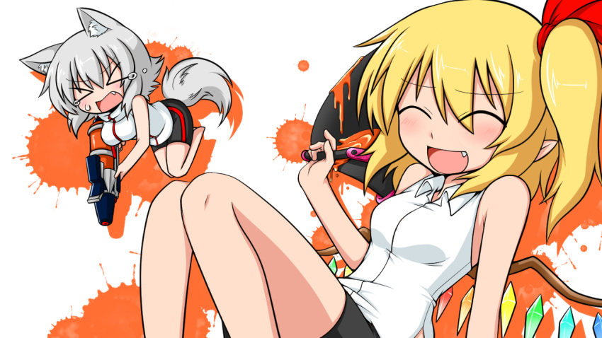 2girls :d ^_^ alternate_costume animal_ears bare_shoulders blonde_hair blush breasts closed_eyes collared_shirt contemporary crying dx fang flandre_scarlet inubashiri_momiji katsumi5o multiple_girls open_mouth paint pointy_ears shirt side_ponytail silver_hair sleeveless sleeveless_shirt smile splatoon tail tears touhou wings wolf_ears wolf_tail
