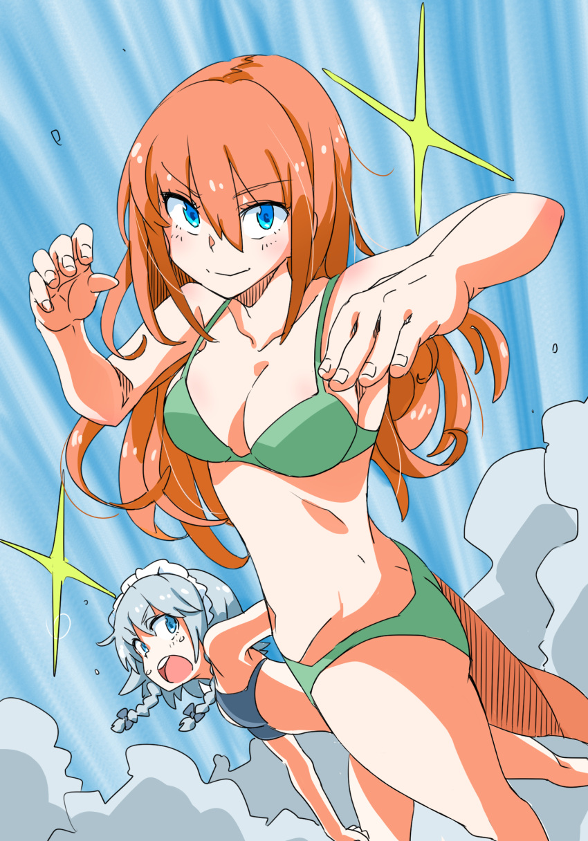 2girls arms_up bikini blue_bikini blue_eyes blue_sky bow braid breasts emphasis_lines fingernails green_bikini hair_between_eyes hair_bow highres hong_meiling izayoi_sakuya kuzutetsu_no_viper legs long_hair looking_at_another looking_at_viewer looking_back looking_to_the_side maid maid_headdress multiple_girls short_hair silver_hair sky smile smoke sparkle stance swimsuit thighs touhou twin_braids